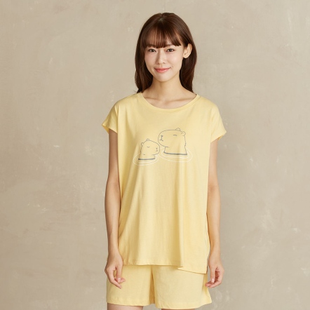 【薄荷紗】網路限定 | 水豚網印短袖上衣-金合歡黃