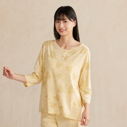 雨林馬來貘印花七分袖上衣-鵝絨黃
