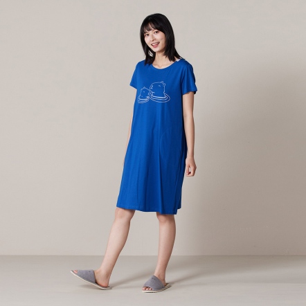 【薄荷紗】網路限定 | 水豚網印短袖洋裝-深藍