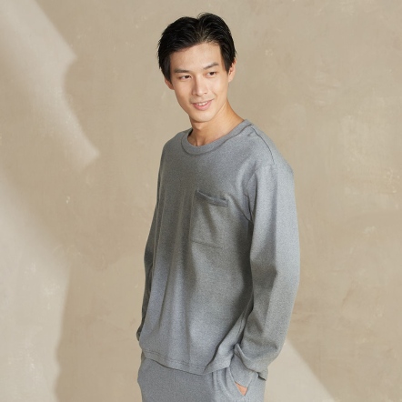 男裝 | 羅紋口袋拼接長袖上衣-岩石灰