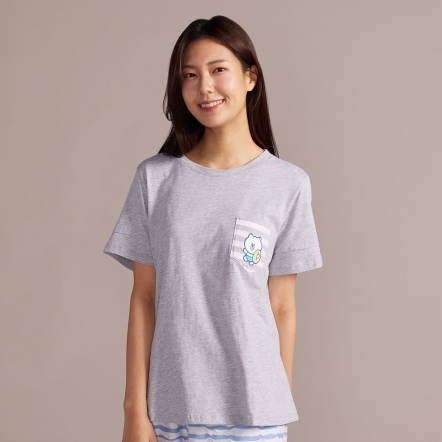 LINE FRIENDS｜假期熊大繡花短袖上衣-寧靜灰