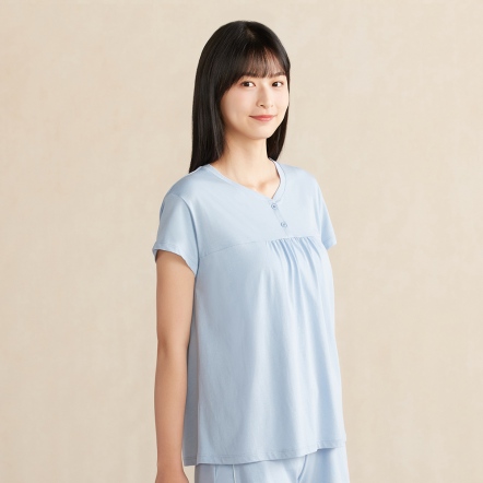 【蘆薈纖維】半開襟短袖上衣-海島藍