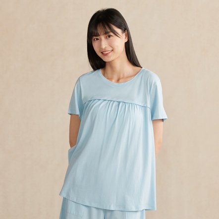 竹纖維剪接短袖上衣-春日藍