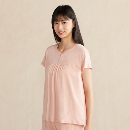【蘆薈纖維】半開襟短袖上衣-貝殼粉