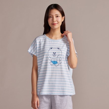 LINE FRIENDS｜假期熊大條紋連袖上衣-浮水藍