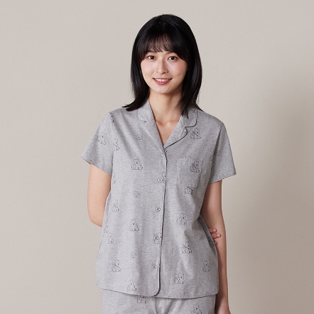 DINOTAENG｜QUOKKA & BOBO 印花短袖開襟上衣-迷霧灰