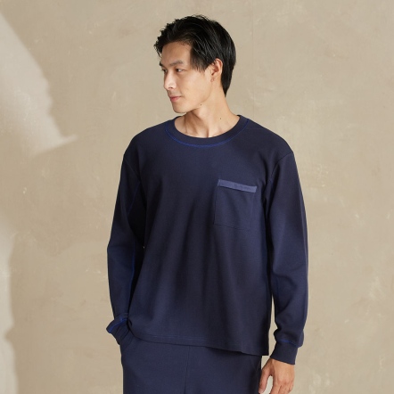 男裝 | 羅紋口袋拼接長袖上衣-靛藍